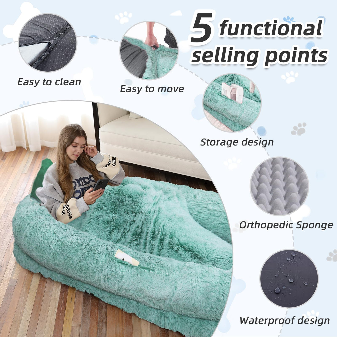 Human Dog Bed, Large Dog Beds for Humans Size Fits You and Pets, Washable Faux Fur Orthopedic Human Pet Bed for People Doze Off, Napping, Present Pillow, Blanket, Strap - Khaki