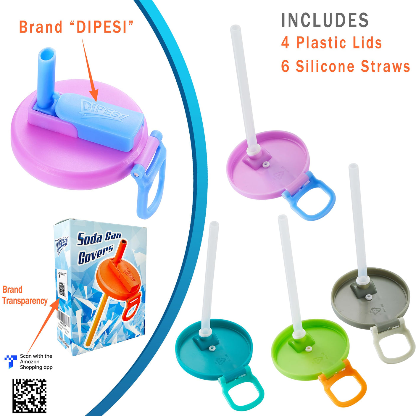 4-pack 4 Color Soda Can Lids with straw, Soda Can Covers with Silicone straw BPA-Free Reusable For Fits standard For Canned Beverage, Beer, Juice,Seltzer. (Colour mixture)