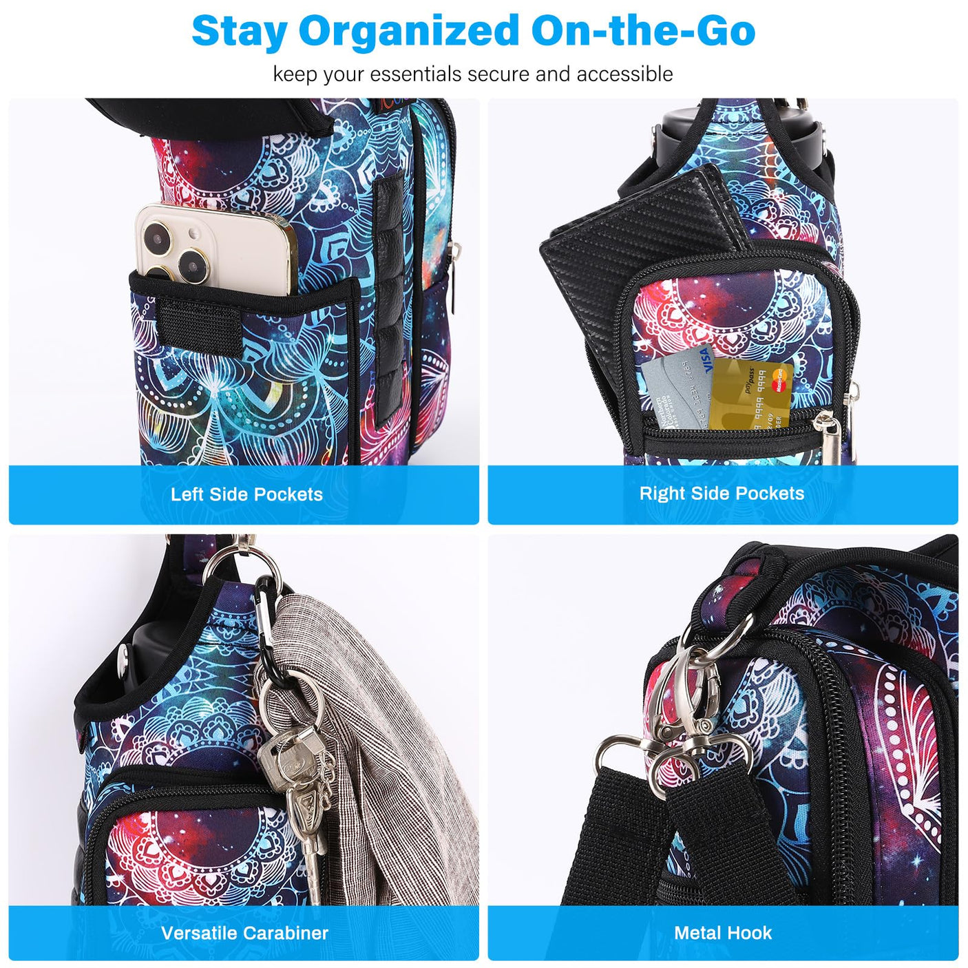icolor Magnetic Gym Bag Water Bottle Carrier Holder with Phone Pockets & Shoulder Strap,5 Built-in Magnets Gym Bottle Pouch Sleeve,Magnetic Bag Gym Accessories Organizer for Men Women