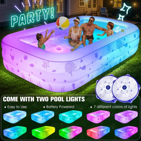 Inflatable Pool with Seat and Pool Lights, Durable Thickened Large Size Family Inflatable Pools for Adults Blow Up Pools,100" x 63" x 22"Swimming Inflatable Kids PooI for Backyard,Outdoor (White)