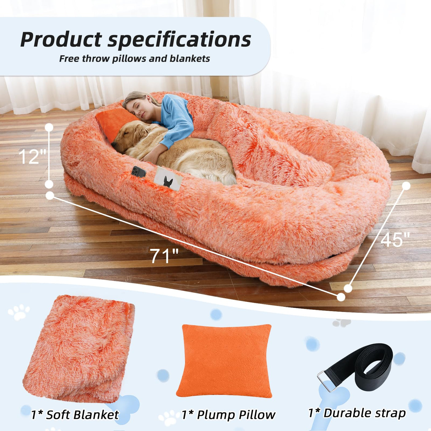 Human Dog Bed, Large Dog Beds for Humans Size Fits You and Pets, Washable Faux Fur Orthopedic Human Pet Bed for People Doze Off, Napping, Present Pillow, Blanket, Strap - Khaki