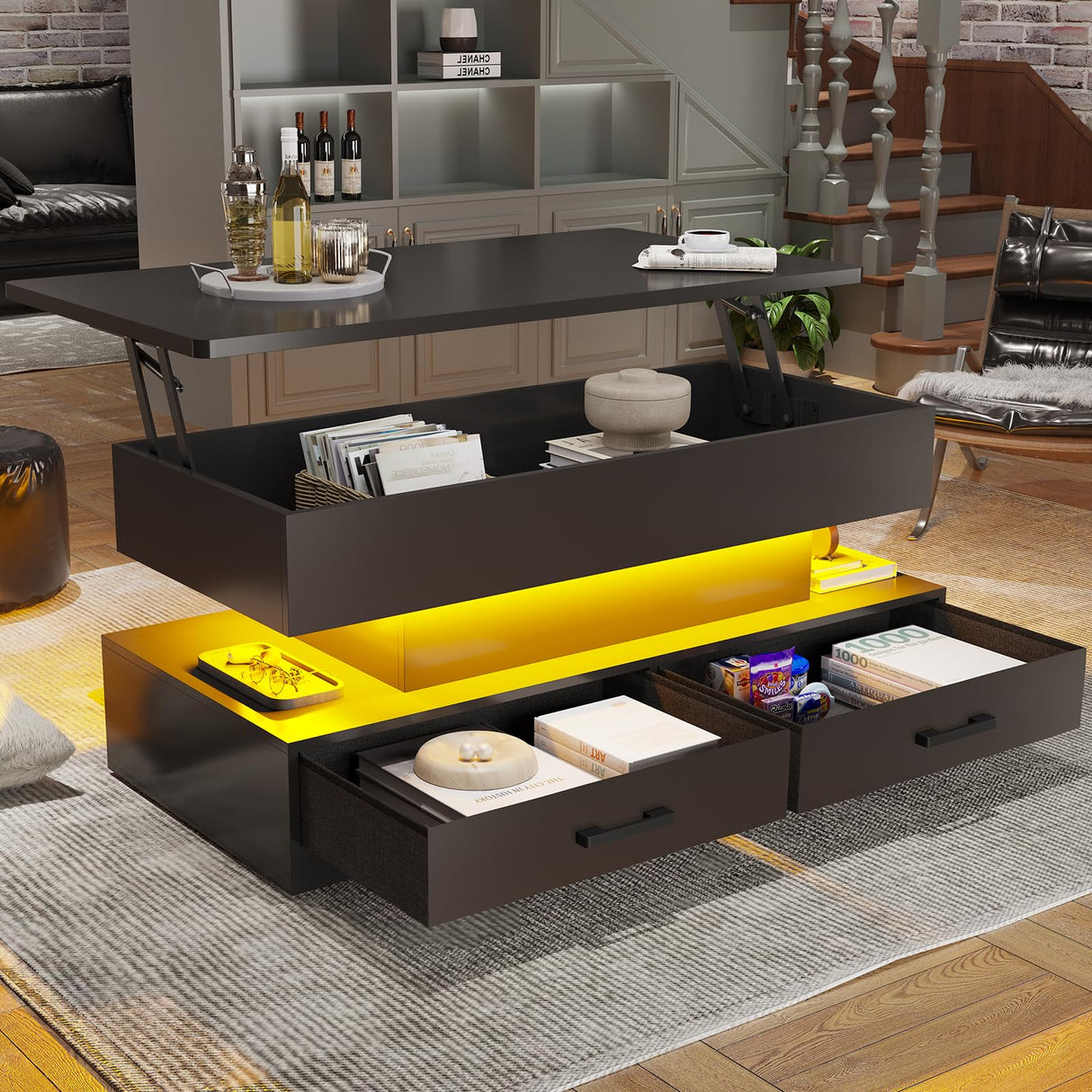SEDETA 40" Lift Top Coffee Table, Coffee Tables with Storage for Living Room, Small Coffee Table with 2 Fabric Drawers & LED Light for Dining Reception Room, Black
