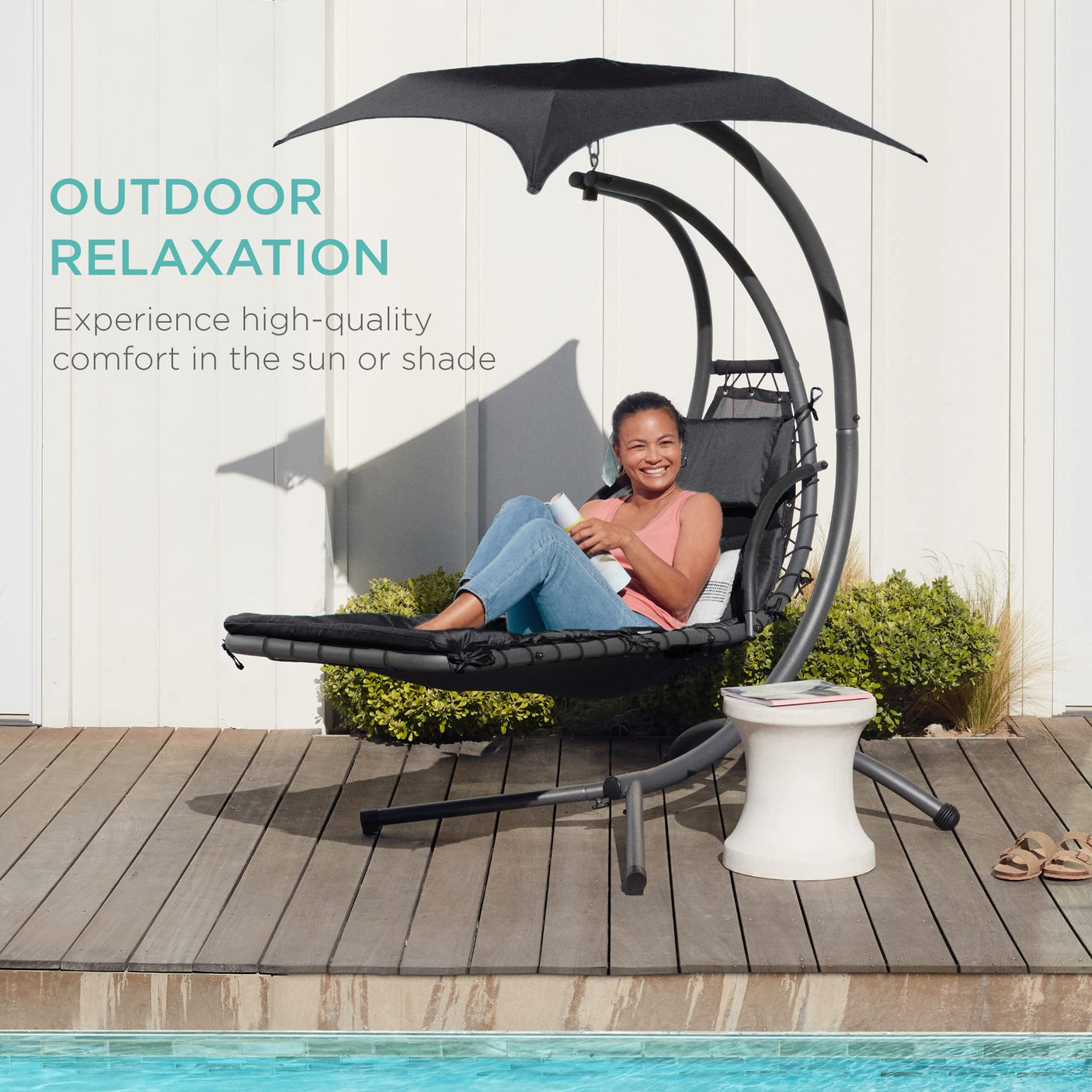 Best Choice Products Outdoor Hanging Curved Steel Chaise Lounge Chair Swing w/Built-in Pillow and Removable Canopy -Red