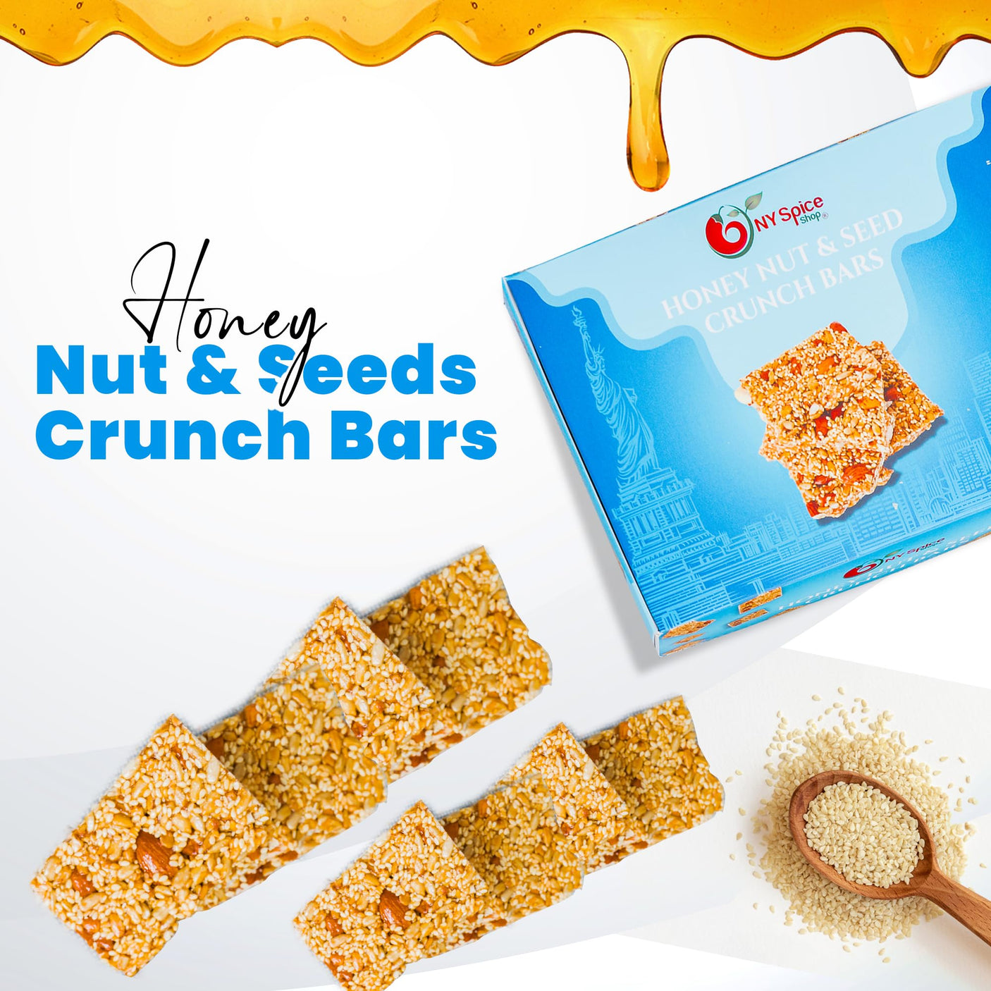 NY SPICE SHOP Honey Nut and Seed Crunch Bars – 1 Pound (16 oz.) Honey Sesame Brittle – Sesame Seed Candy – Sesame Seed Honey Bars – Great Snack & Crunchy Flavour