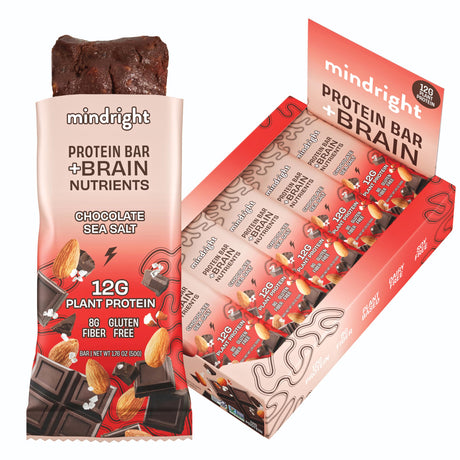 Mindright Superfood Vegan Protein Bar | Gluten Free, Non-Gmo, Low Sugar | Brain Food Snack to Enhance Mood, Energy, and Focus | Pack of 12 (Peanut Butter Cup)