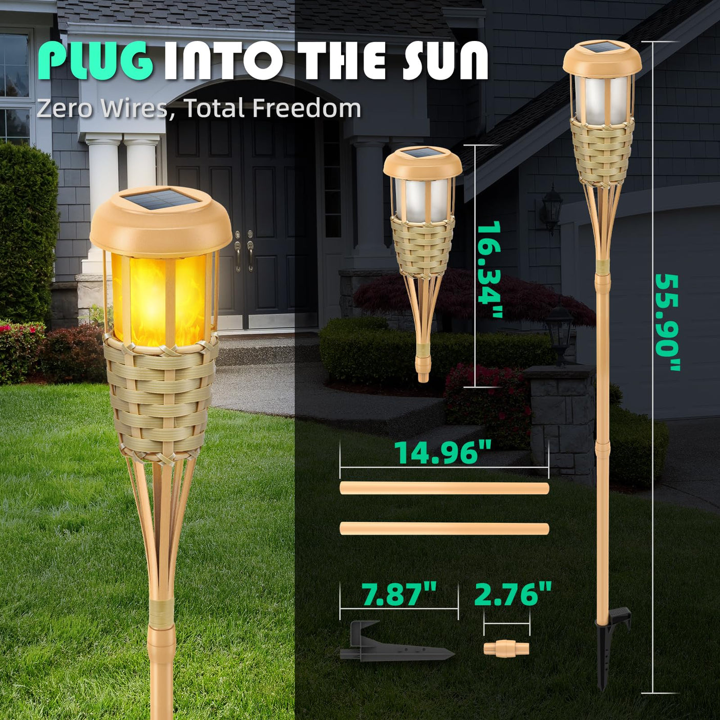 Flickering Flames Solar Powered Lights - Upgraded Solar Torches Waterproof Outdoor Decorative Lighting Auto On/Off, Handmade Bamboo Finish, 2-Pack