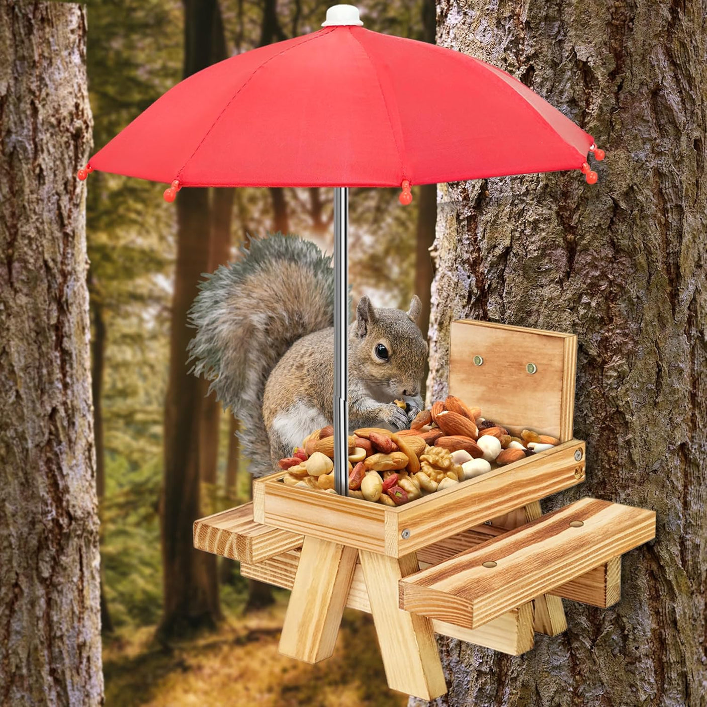 Carbonized Wood Squirrel Feeder with Umbrella, Squirrel Feeders for Outside Funny squrrill Picnic Table with Solid Structure Waterproof Chipmunk Feeder with Corn Cob Holder