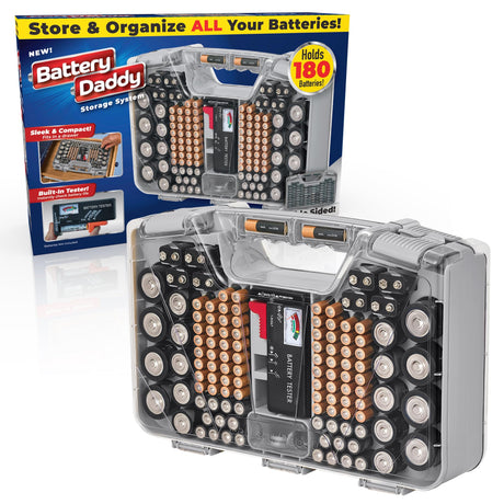 Ontel Battery Daddy Storage & Organizer Case with Tester, Stores & Protects Up to 180 Batteries, Double-Sided, Durable Design W/Clear Locking Lid, Secure Latches & Portable Carrying Handle- Warm Grey