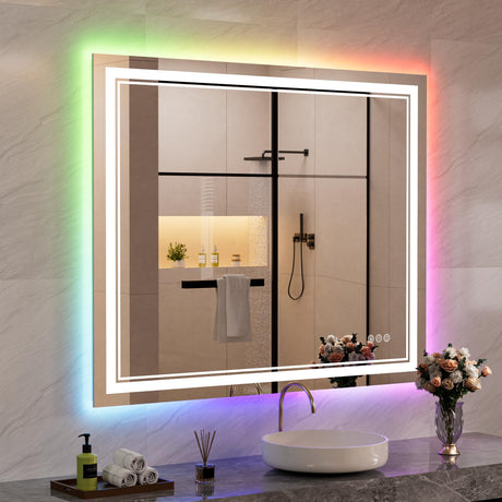 60x30 Inch LED Bathroom Mirror with Lights, Color Changing RGD Backlit and Front Light Mirror,Lighted Vanity Mirrors for Bathroom Wall, Dimmable, Anti-Fog,Shatterproof,Memory