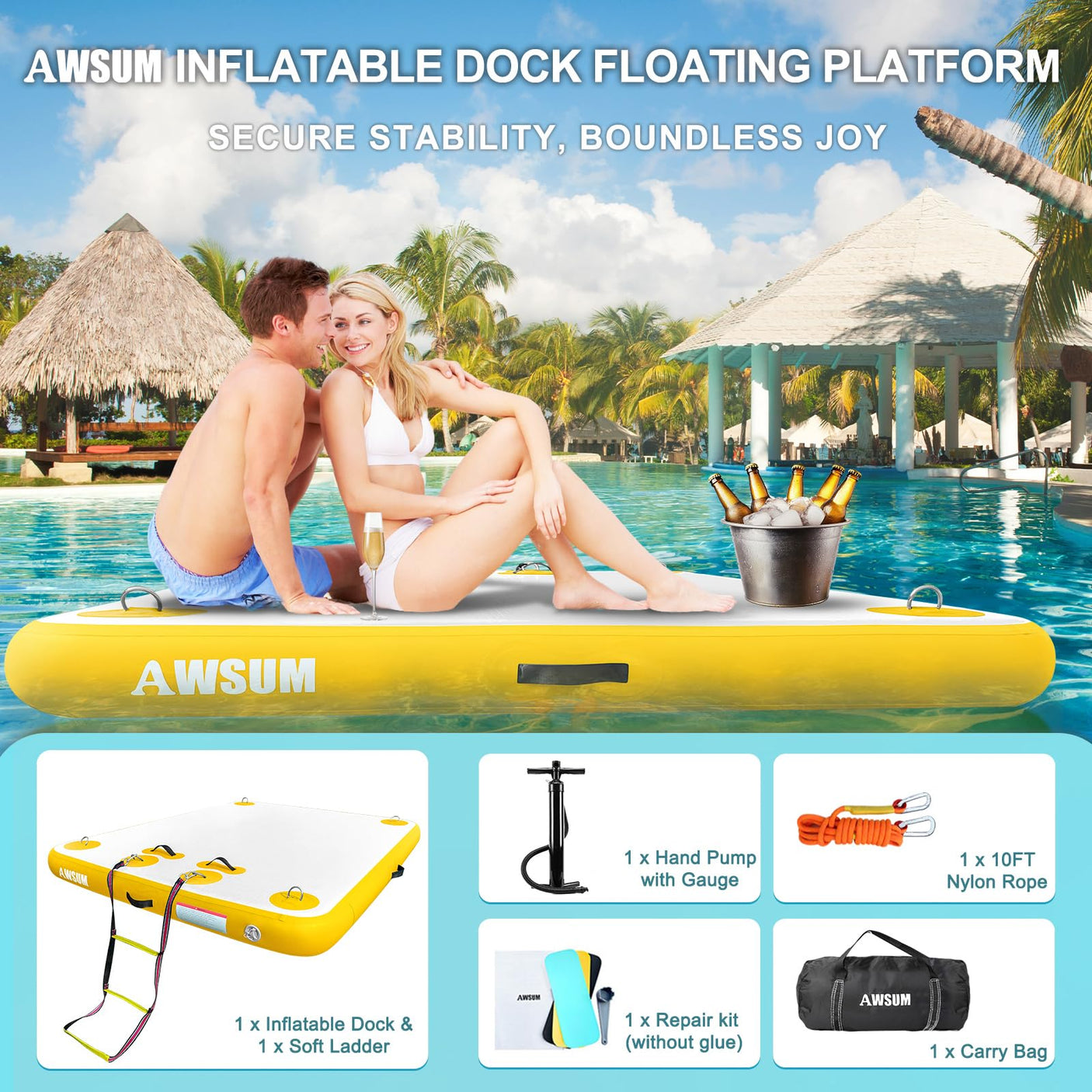 AWSUM Inflatable Floating Dock Air Dock Platform Floating Island Raft with None-Slip Surface for Pool Beach Ocean