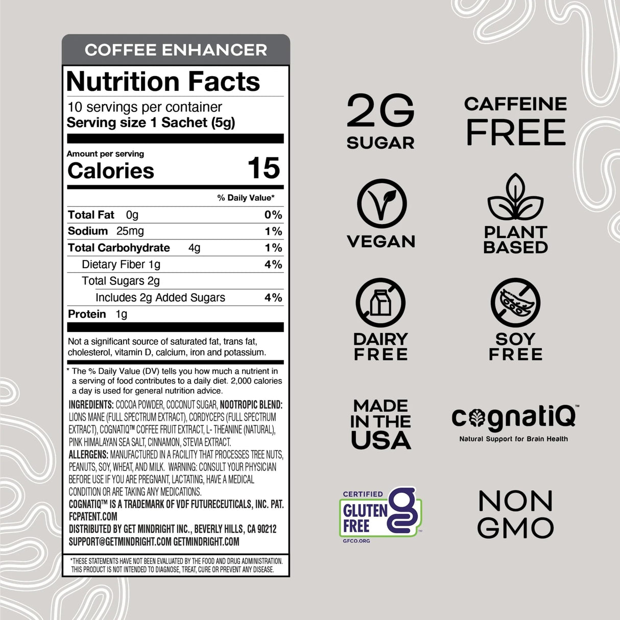 MINDRIGHT Brain Boost Coffee Enhancer - Superfood Blend w/Mushroom - Caffeine Free Low Sugar (Cocoa Blend, 10 Pack)