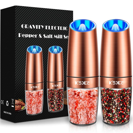 Gravity Electric Pepper and Salt Grinder Set, Salt and Pepper Mill & Adjustable Coarseness, Battery Powered with LED Light, One Hand Automatic Operation, Stainless Steel (Set/Silver)