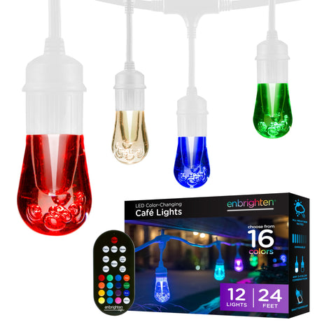 Enbrighten Premium Color Changing String Lights, 48ft Black Cord, 24 Shatterproof Acrylic Bulbs, Weatherproof, Remote Control, Dimmable RGB LED, Outdoor String Lights, 37790