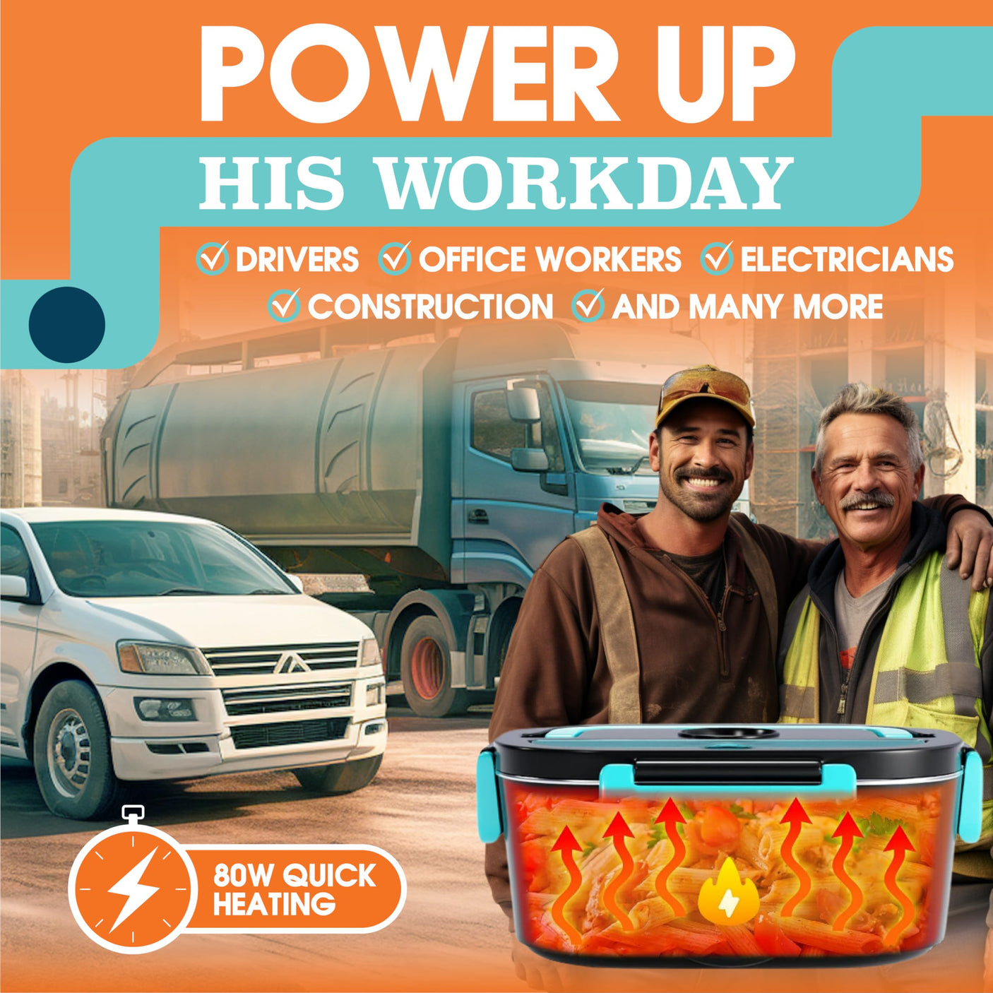 TRAVELISIMO Electric Lunch Box for Adults 80W Heated Lunch Box For Men 1.5L Stainless Steel Portable Food Warmer, 12/24/110V Electric Food Warmers for Travel & Work, Loncheras Para Hombres de Trabajo