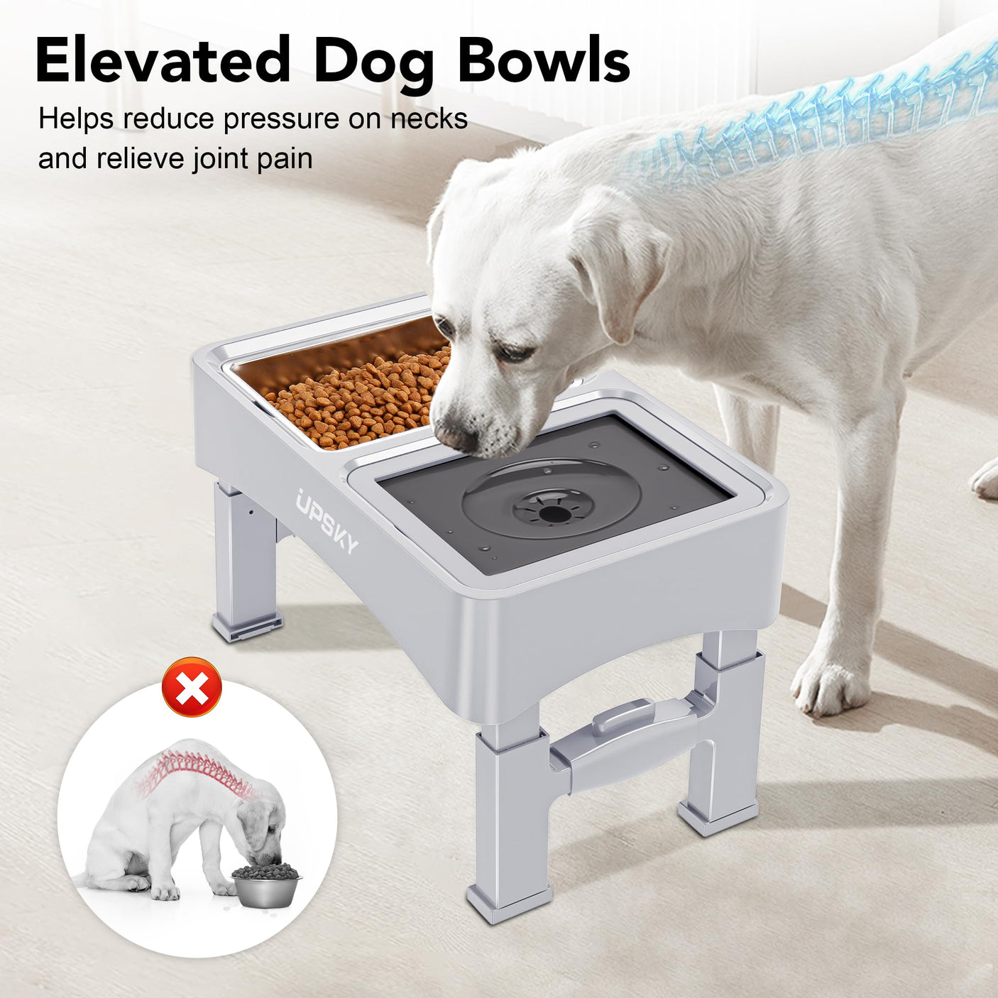 UPSKY 2-in-1 Elevated Dog Bowls Slow Feeder, 4 Height Adjustable Raised Bowls Stand, No Spill Dog Water Bowls, Anti-Slip Food and Water Bowl for Small Medium Dogs(Not Include Stainless Steel Bowl)