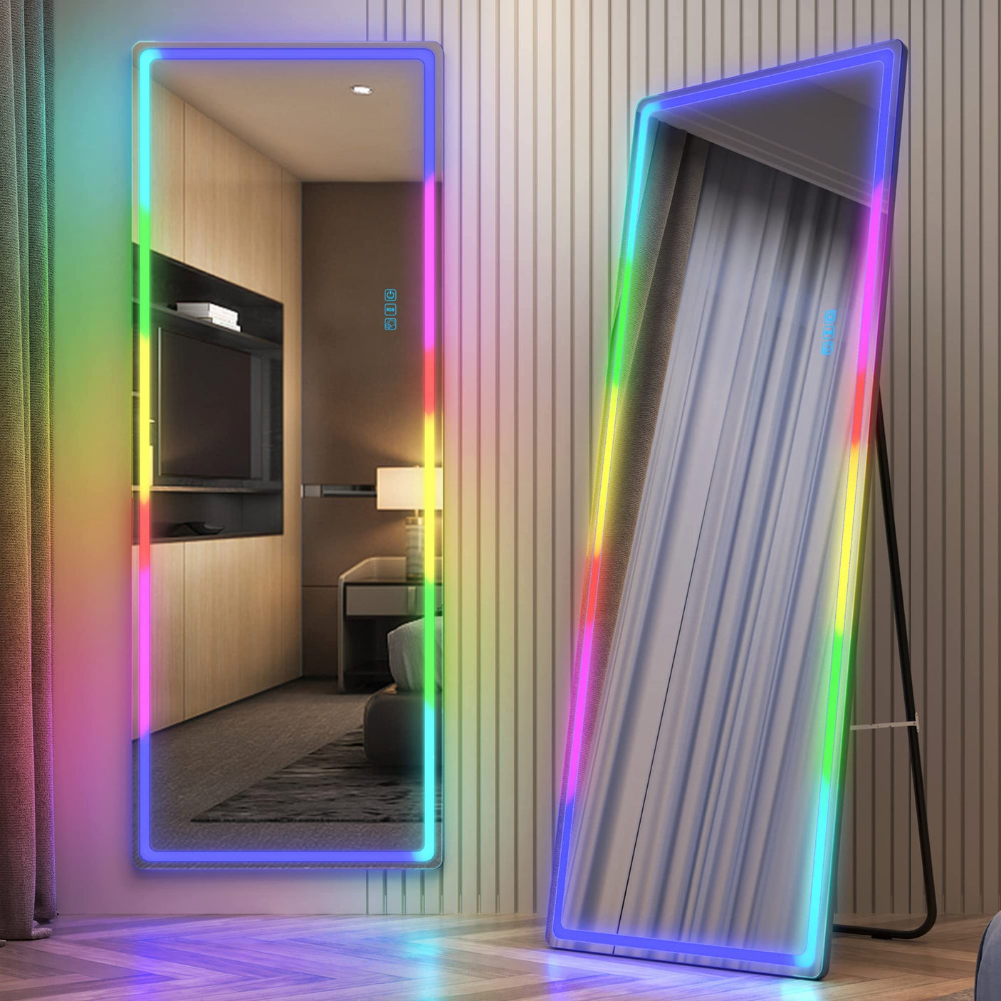LVSOMT LED RGB Full Length Mirror, Full Body Mirror with Lights, Wall Mounted Lighted Mirror, Over The Door Hanging Mirror, 14 LED Light + Dimmable Brightness + Adjustable Speed, 47" x 16"