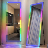 LVSOMT LED RGB Full Length Mirror, Full Body Mirror with Lights, Wall Mounted Lighted Mirror, Over The Door Hanging Mirror, 14 LED Light + Dimmable Brightness + Adjustable Speed, 47" x 16"