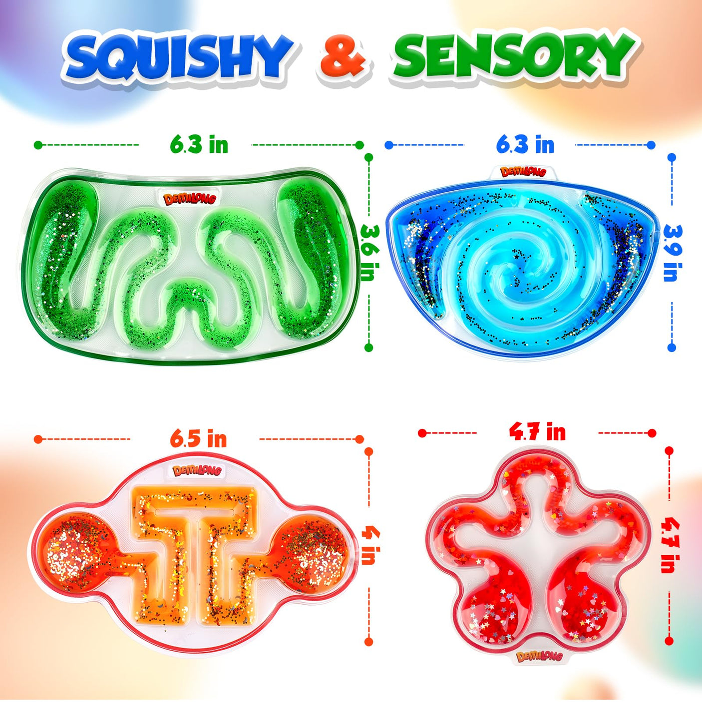 Squishy Sensory Toys for Kids - 4 Pack Fidget Toy Sensory Maze for Autism - Stress Relief Toys for Calm Down - Squeeze Fidget Toy Filled Goo, Glitter, Prizes for Kids Classroom,Classroom Must Haves