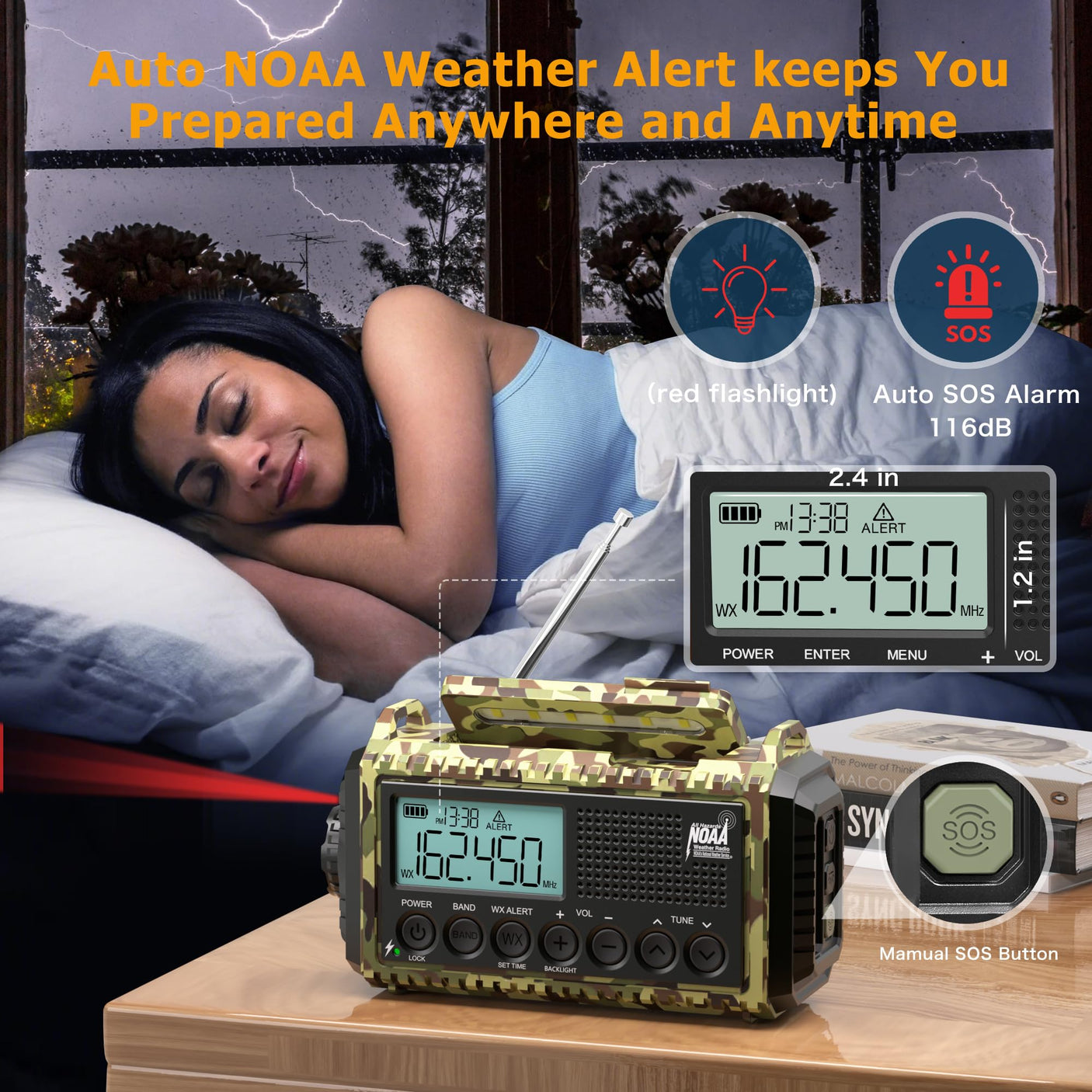 NOAA Weather Radio, Emergency Hand Crank Radio with Solar Charger, Portable Battery Operated AM FM Shortwave Radio with LED Flashlight, USB Charger, Earbud Jack, SOS Alert for Home Survival Hurricane