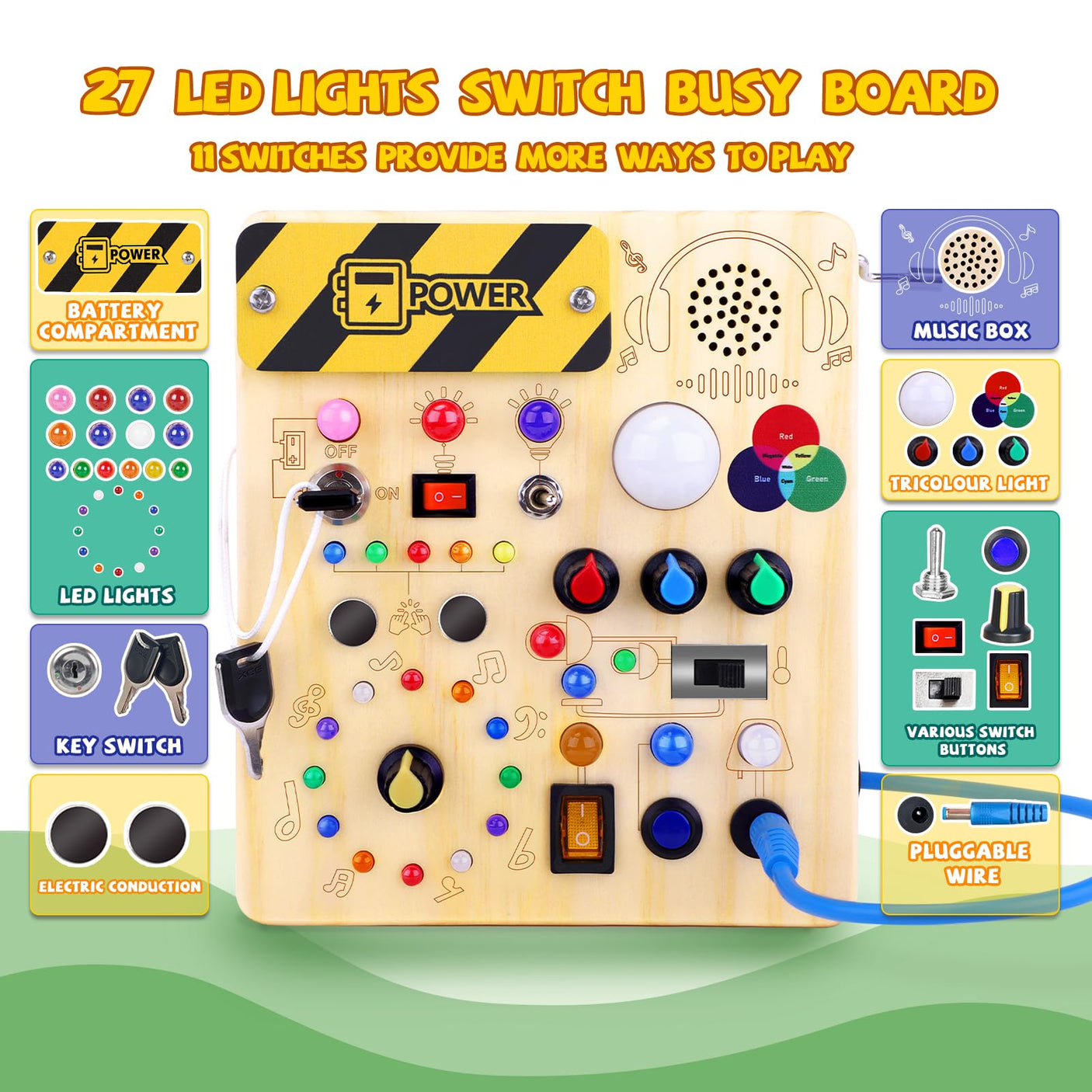 Busy Board, Montessori Toy for 1-3 Years Old, Wooden Toddler Sensory Travel Toy, Ideal Gift for 1+ Year Old Boys (Busy Board Plus V2), Medium, Yellow
