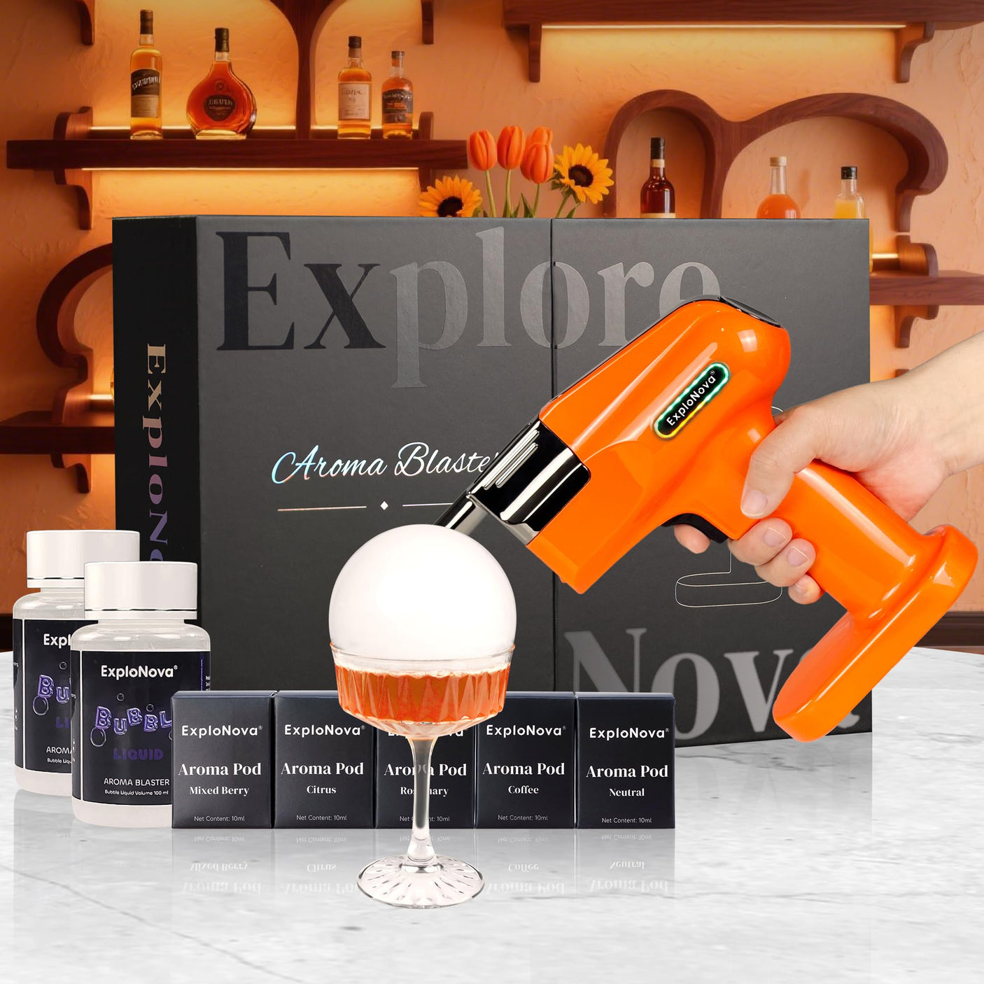 Cocktail Bubble Smoke Gun with 5 Flavour Aroma Pods and Edible Bubbles, Electric Bubble Smoke Machine, Food Drink Decor Perfect for Bar, Party and Home, Gift for Engagement & Birthday