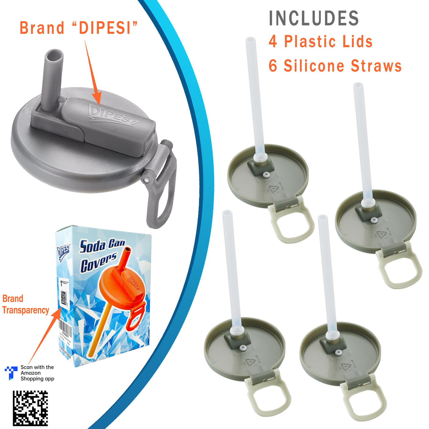 4-pack 4 Color Soda Can Lids with straw, Soda Can Covers with Silicone straw BPA-Free Reusable For Fits standard For Canned Beverage, Beer, Juice,Seltzer. (Colour mixture)