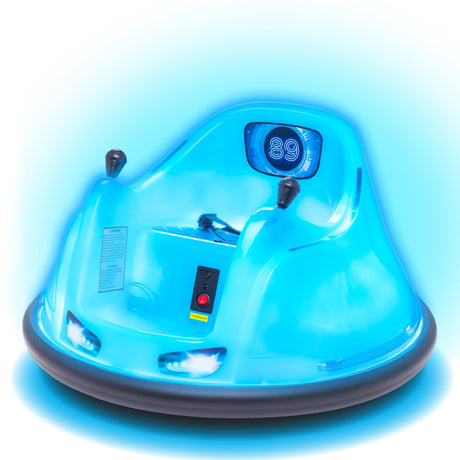 Flybar 6V Blue Glow Bumper Car for Kids – LED Ride-On Toy with 360° Spin, Rechargeable Battery, and Soft Rubber Bumpers – Safe Indoor Fun for Toddlers Ages 1.5+, Up to 66 lbs