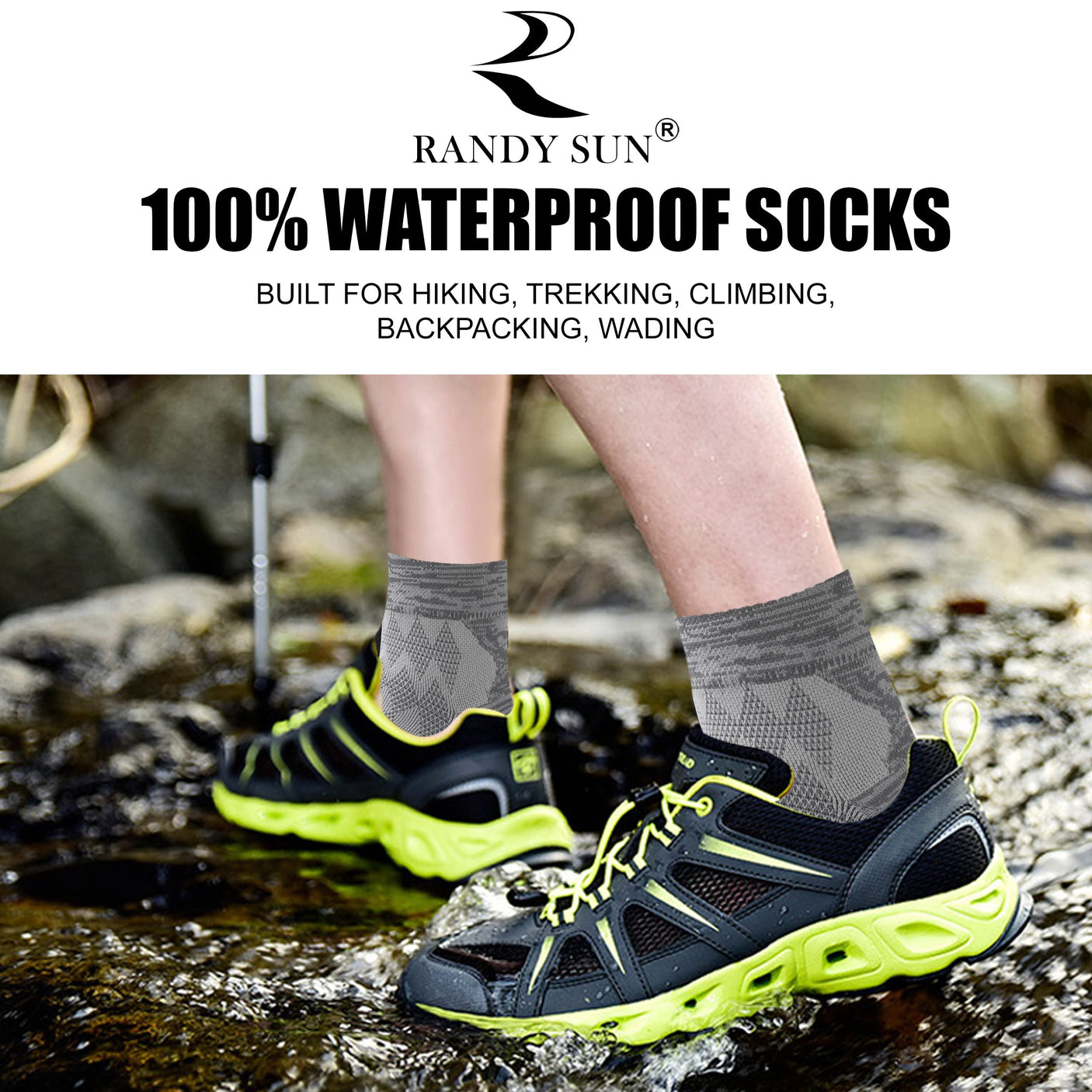 RANDY SUN Waterproof Socks, Unisex Hiking Wading Trail Running Kayaking Crew Socks