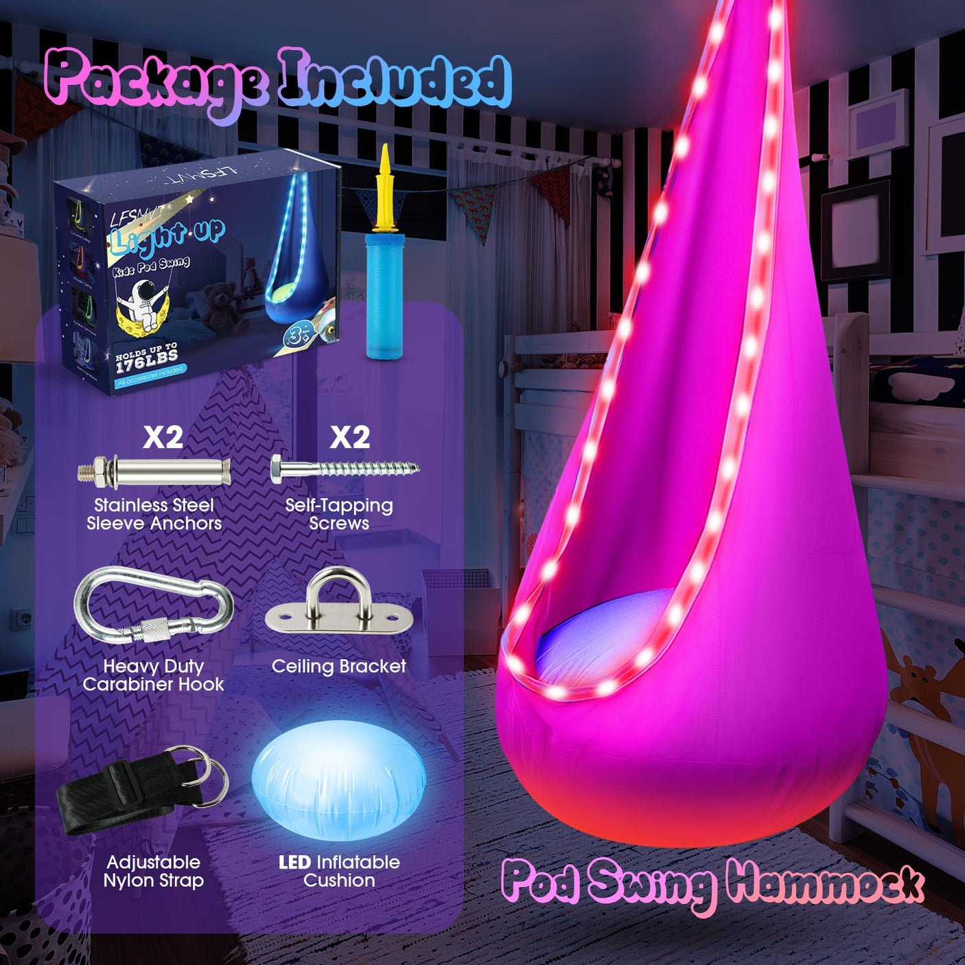 Light Up Kids Pod Swing Seat, Upgraded Kids Hanging Hammock Swing with LED Lights, Cotton Sensory Pod Swing Chair with Inflatable Pillow, Pod Swing for Kids Indoor & Outdoor (1 PCS) (Blue)