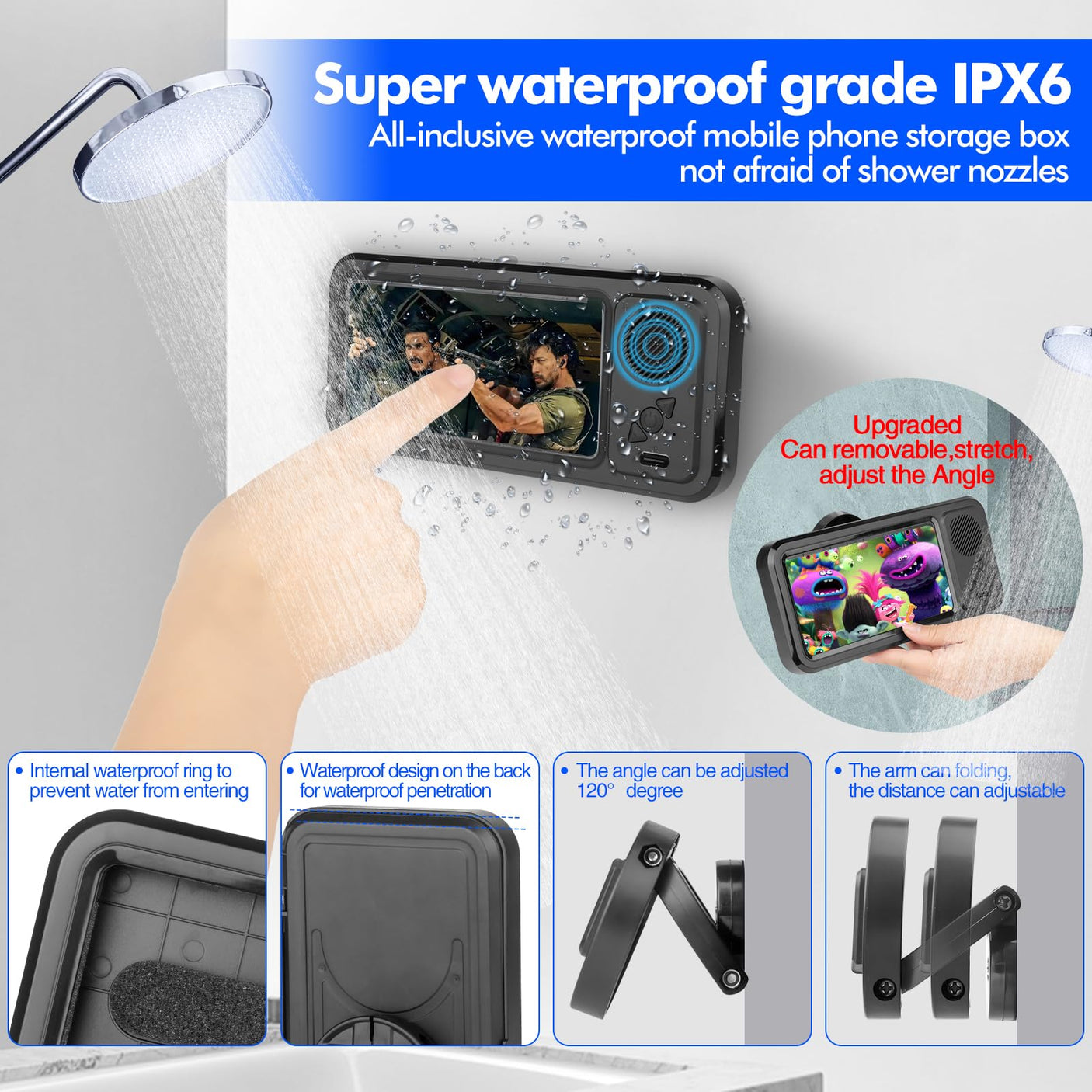 Shower Phone Holder with Wireless Bluetooth Speaker, Waterproof 480 Rotation Viewable Shower Phone Stand Case Mount Speakers for Bathroom Wall Mirro for 4"- 6.8" Cell Phones(Black)