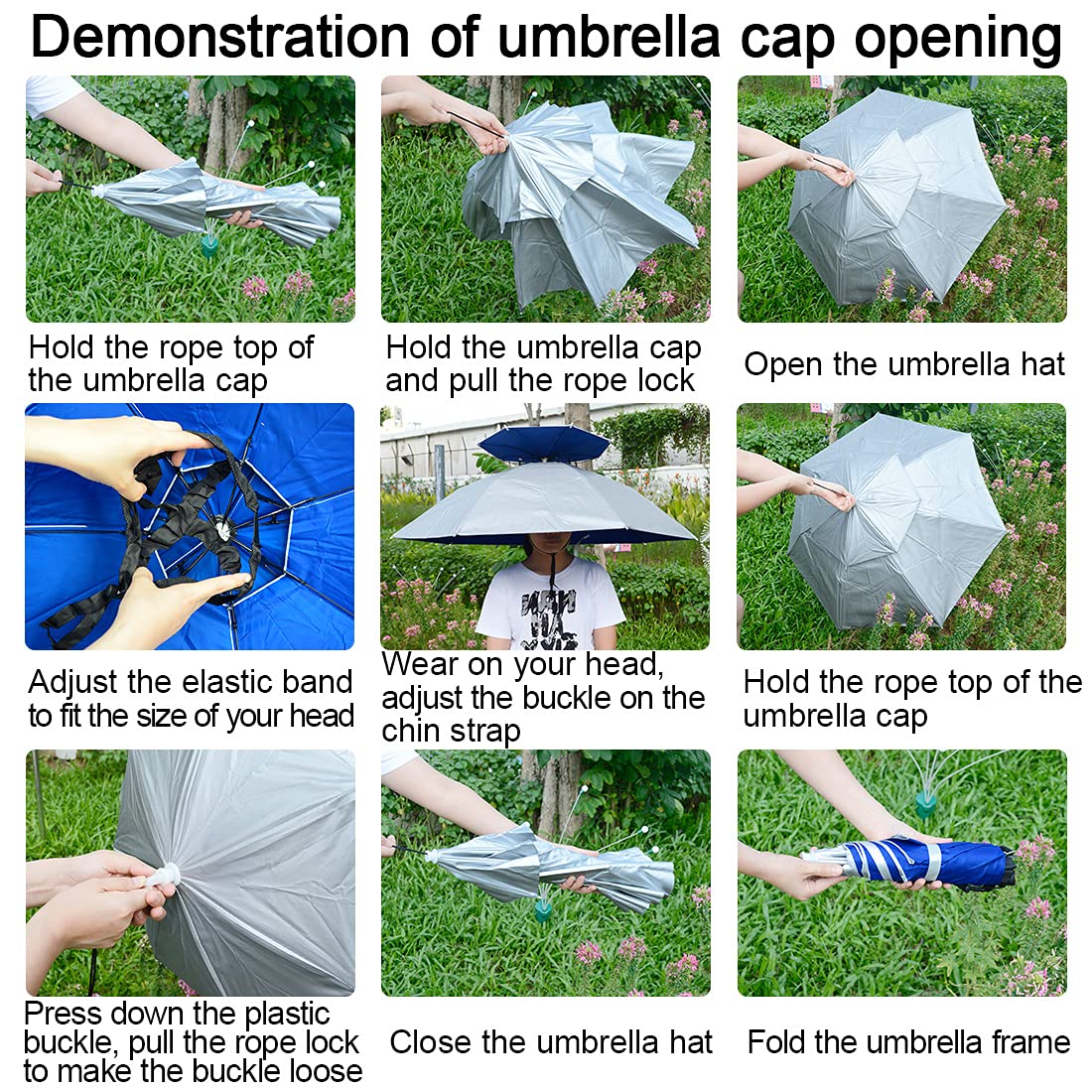 NEW-Vi Fishing Umbrella Hat Folding Adjustable Sun Rain Cap, 37.4”Oversize Hands Free Umbrellas, 7-Ribs Anti-UV Waterproof Headwear for Fishing Gardening Golf Sunshade Outdoor