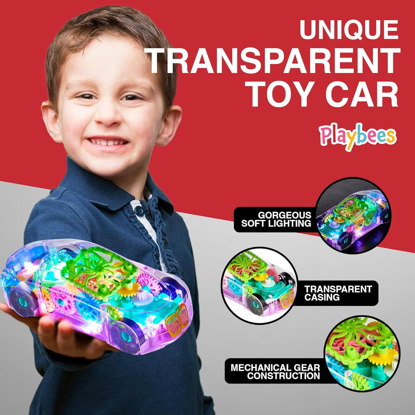 Light-Up Transparent Car Toy, Toys for Autistic Kids Ages 3-5 Sensory Toy for Kids with Autism Special Needs Toys, Bump and Go Toys for Toddlers Music and LED Effects Great Gift Idea