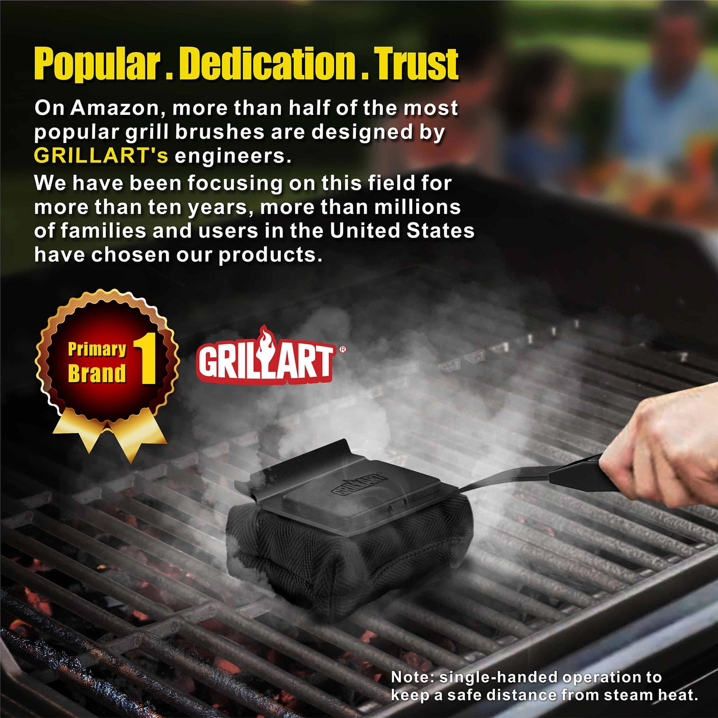 GRILLART Grill Brush Bristle Free. SteamWizards BBQ Replaceable Cleaning Head, Unique Seamless-Fit Scraper Tool for Cast Iron/Stainless-Steel Grates, Safe Barbecue Grill Cleaner-Red