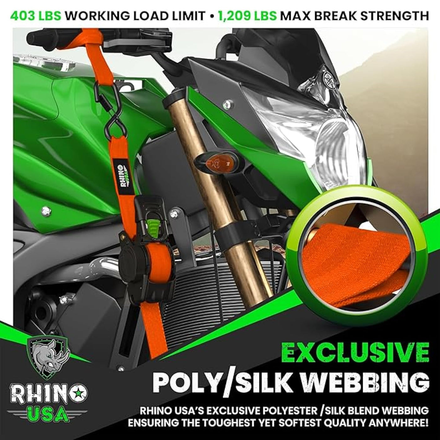 Rhino USA Retractable Ratchet Straps (4-Pack) - 1 Inch x 10 Feet (1,209lb Break Strength) - Heavy Duty Auto Self Retracting Tie Down Straps for Truck, Cargo Trailer, Motorcycle, Rad & More - Green