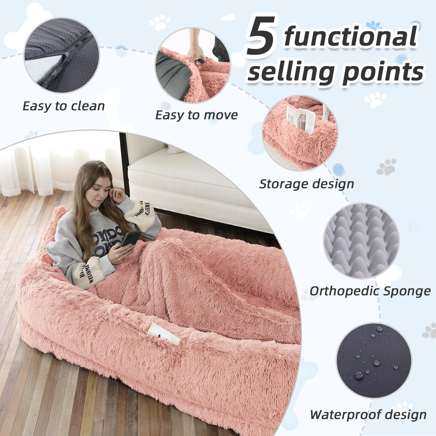 Human Dog Bed, Large Dog Beds for Humans Size Fits You and Pets, Washable Faux Fur Orthopedic Human Pet Bed for People Doze Off, Napping, Present Pillow, Blanket, Strap - Khaki