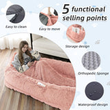 Human Dog Bed, Large Dog Beds for Humans Size Fits You and Pets, Washable Faux Fur Orthopedic Human Pet Bed for People Doze Off, Napping, Present Pillow, Blanket, Strap - Khaki