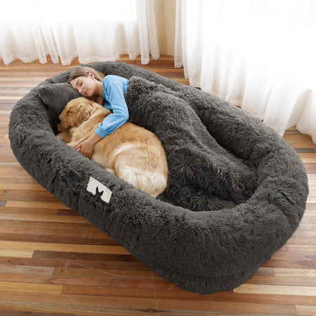 Human Dog Bed, Large Dog Beds for Humans Size Fits You and Pets, Washable Faux Fur Orthopedic Human Pet Bed for People Doze Off, Napping, Present Pillow, Blanket, Strap - Khaki