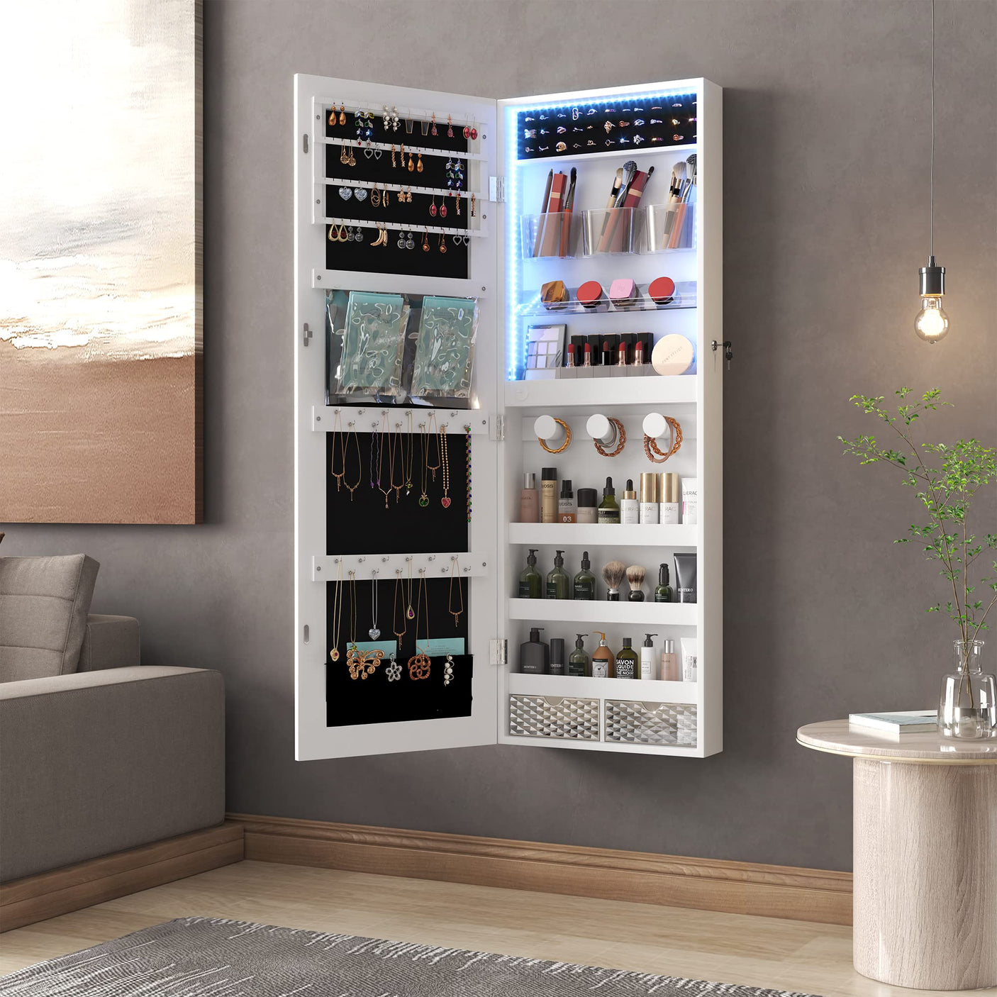 LVSOMT Wall/Door Hanging Mirror with Jewelry Storage, Lockable Jewelry Armoire Organizer with LED Lights, Mirror Jewelry Cabinet,Brown