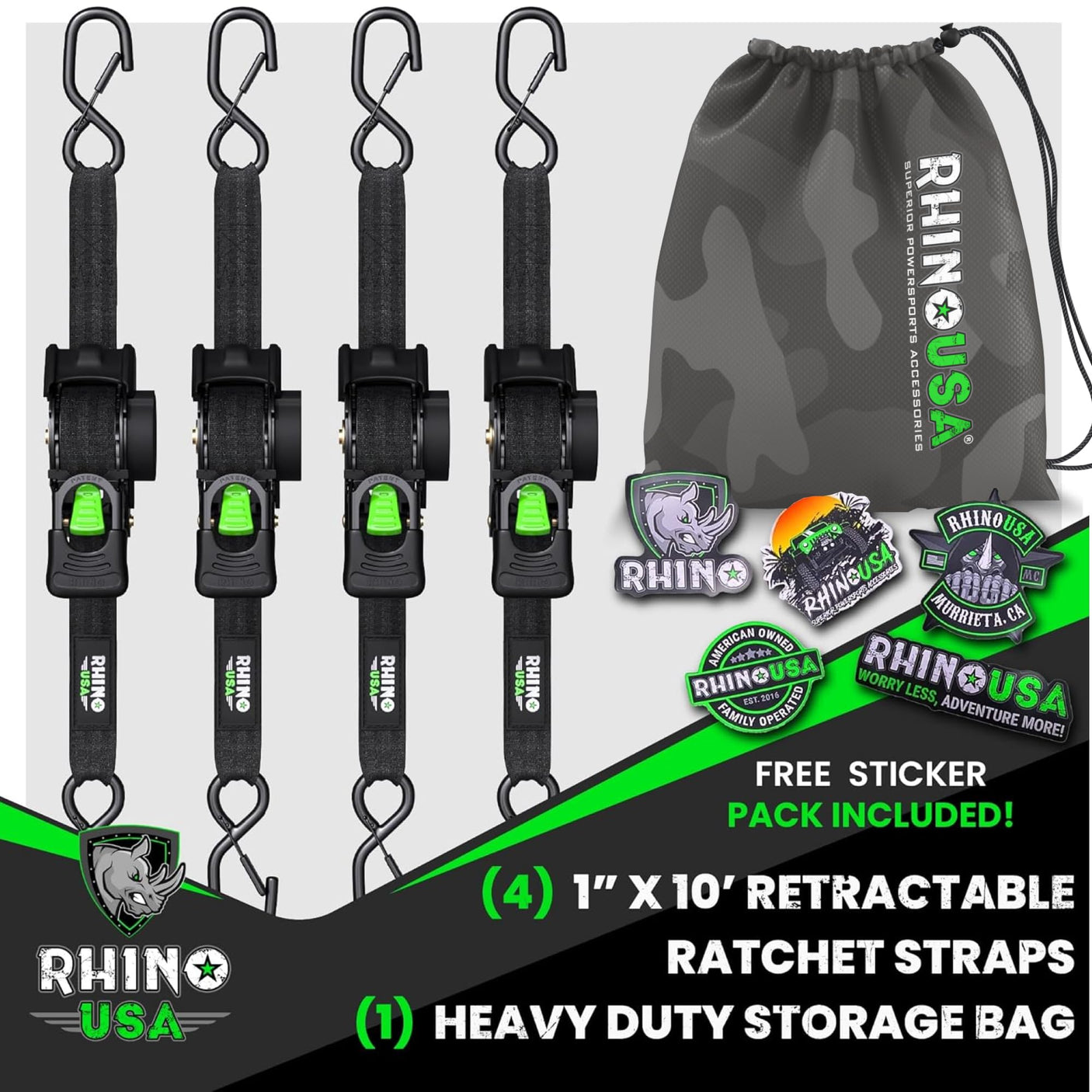 Rhino USA Retractable Ratchet Straps (4-Pack) - 1 Inch x 10 Feet (1,209lb Break Strength) - Heavy Duty Auto Self Retracting Tie Down Straps for Truck, Cargo Trailer, Motorcycle, Rad & More - Green