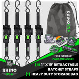Rhino USA Retractable Ratchet Straps (4-Pack) - 1 Inch x 10 Feet (1,209lb Break Strength) - Heavy Duty Auto Self Retracting Tie Down Straps for Truck, Cargo Trailer, Motorcycle, Rad & More - Green