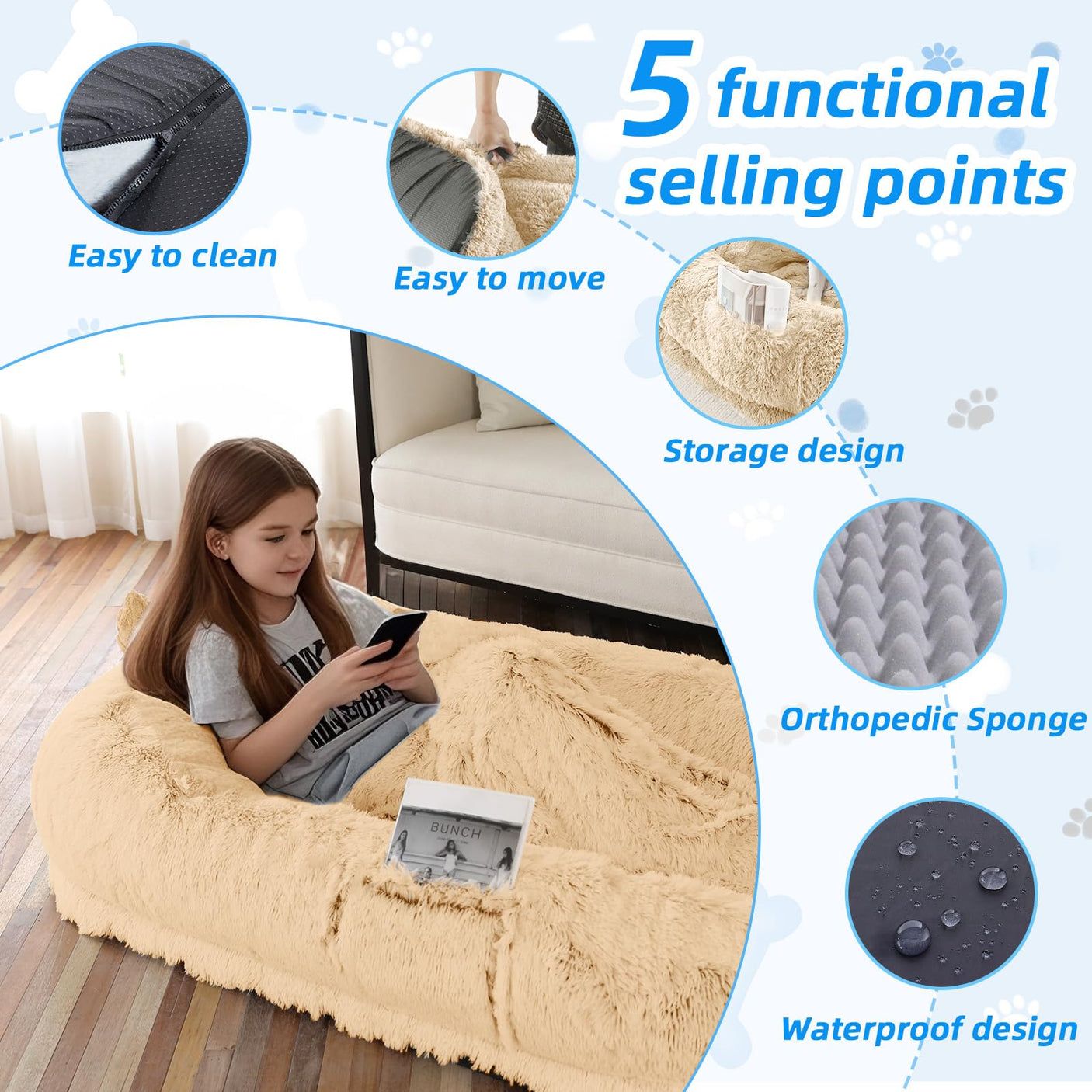Human Dog Bed, Large Dog Beds for Humans Size Fits You and Pets, Washable Faux Fur Orthopedic Human Pet Bed for People Doze Off, Napping, Present Pillow, Blanket, Strap - Khaki