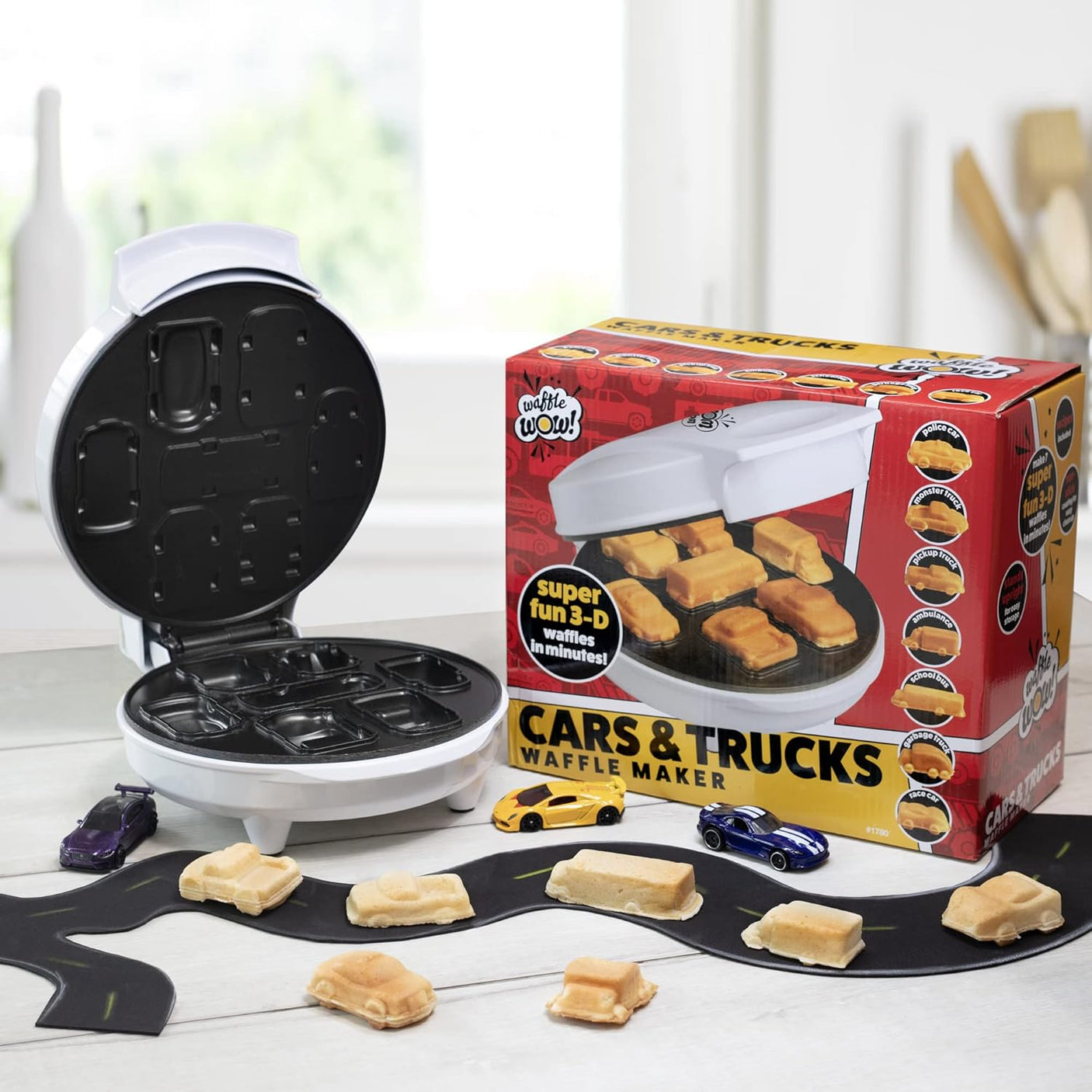 Car Mini Waffle Maker- Make 7 Different Race Cars Trucks & Automobile Vehicle Shaped Pancakes for Kids Adults- Electric Waffler Iron w Recipe Guide, NonStick Pan Cake Baker Machine- Fun Gift for Him