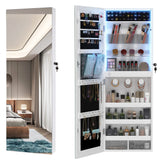 LVSOMT Wall/Door Hanging Mirror with Jewelry Storage, Lockable Jewelry Armoire Organizer with LED Lights, Mirror Jewelry Cabinet,Brown