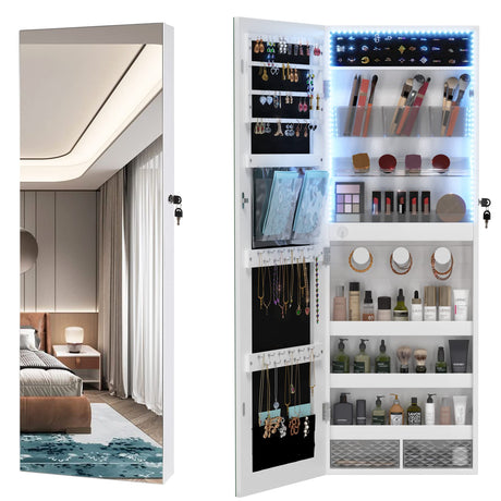 LVSOMT Wall/Door Hanging Mirror with Jewelry Storage, Lockable Jewelry Armoire Organizer with LED Lights, Mirror Jewelry Cabinet,Brown