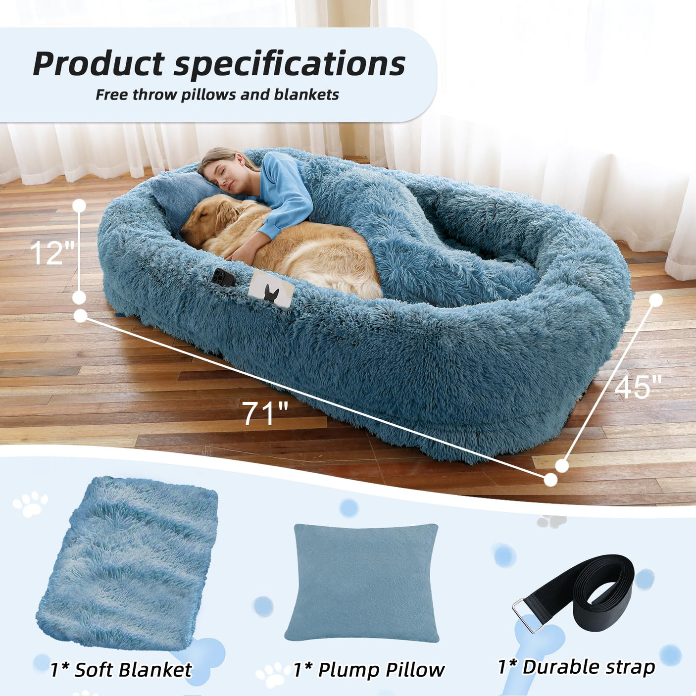 Human Dog Bed, Large Dog Beds for Humans Size Fits You and Pets, Washable Faux Fur Orthopedic Human Pet Bed for People Doze Off, Napping, Present Pillow, Blanket, Strap - Khaki