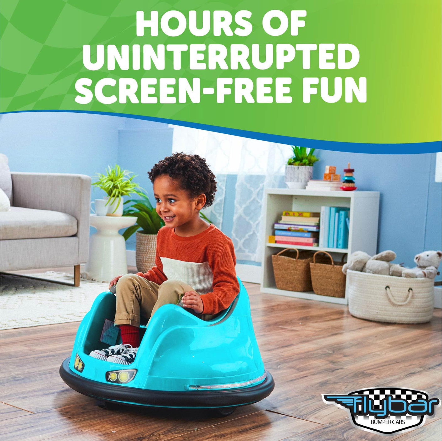 Flybar 6V Blue Glow Bumper Car for Kids – LED Ride-On Toy with 360° Spin, Rechargeable Battery, and Soft Rubber Bumpers – Safe Indoor Fun for Toddlers Ages 1.5+, Up to 66 lbs