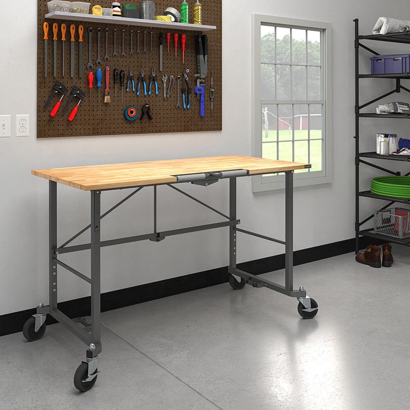 COSCO SmartFold Butcher Block Portable Workbench / Folding Utility Table (Hardwood Top, 700LB Total Weight Capacity, Locking Casters, Gray Steel Frame, 1 Pack)