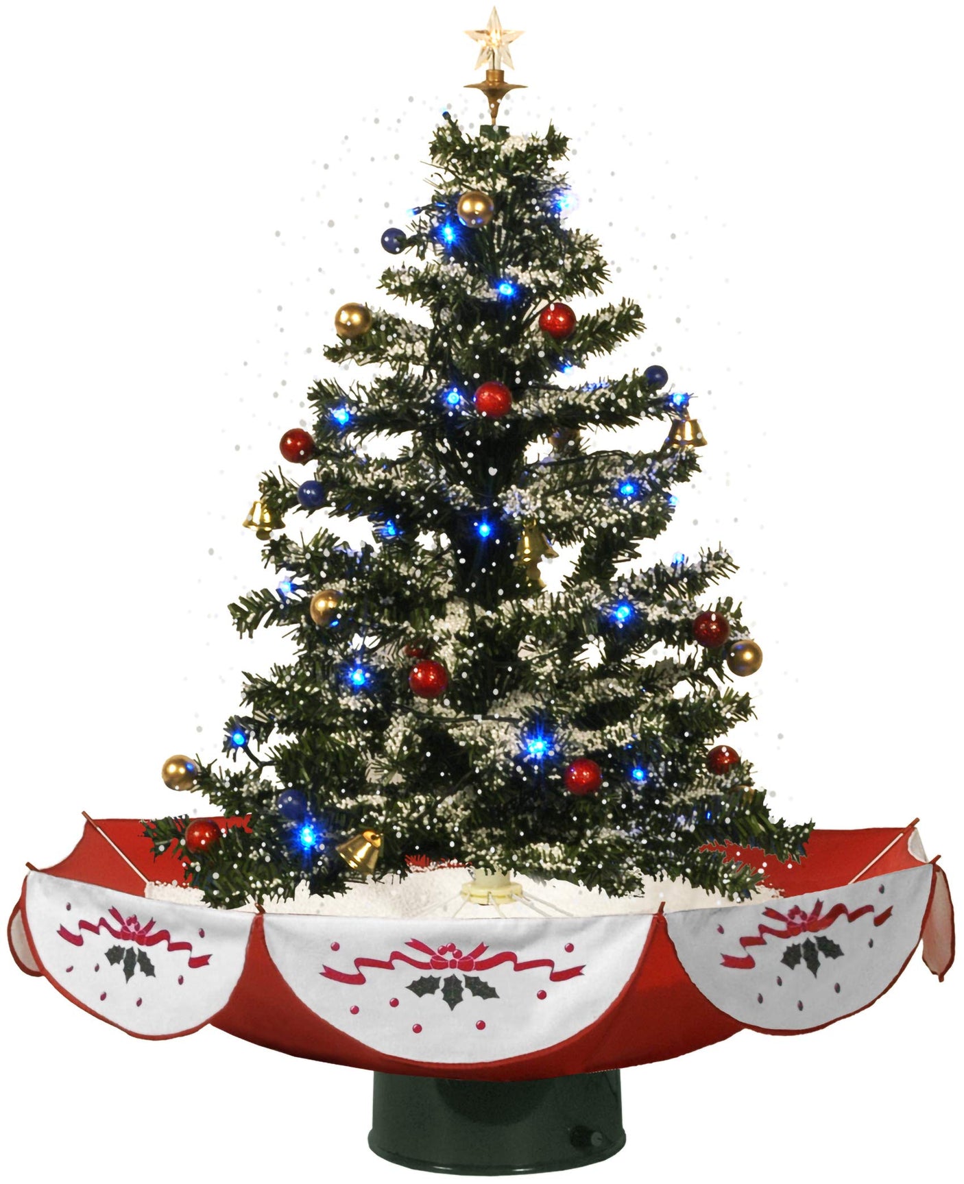 Fraser Hill Farm 29-in. Snowing Musical Christmas Tree with Warm White LED Lights, 25 Christmas Carols, Decorations, Star Topper, and Red Umbrella Base, Festive Xmas Decor for Foyer and Family Room