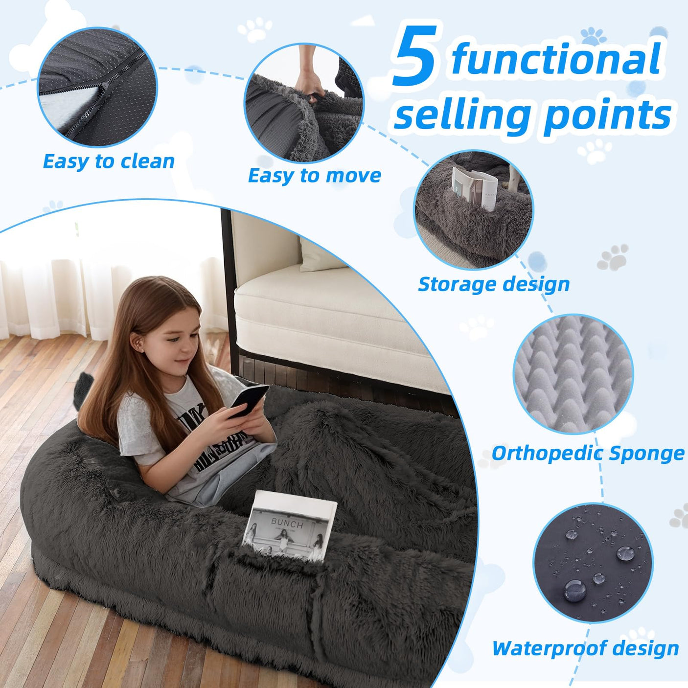 Human Dog Bed, Large Dog Beds for Humans Size Fits You and Pets, Washable Faux Fur Orthopedic Human Pet Bed for People Doze Off, Napping, Present Pillow, Blanket, Strap - Khaki