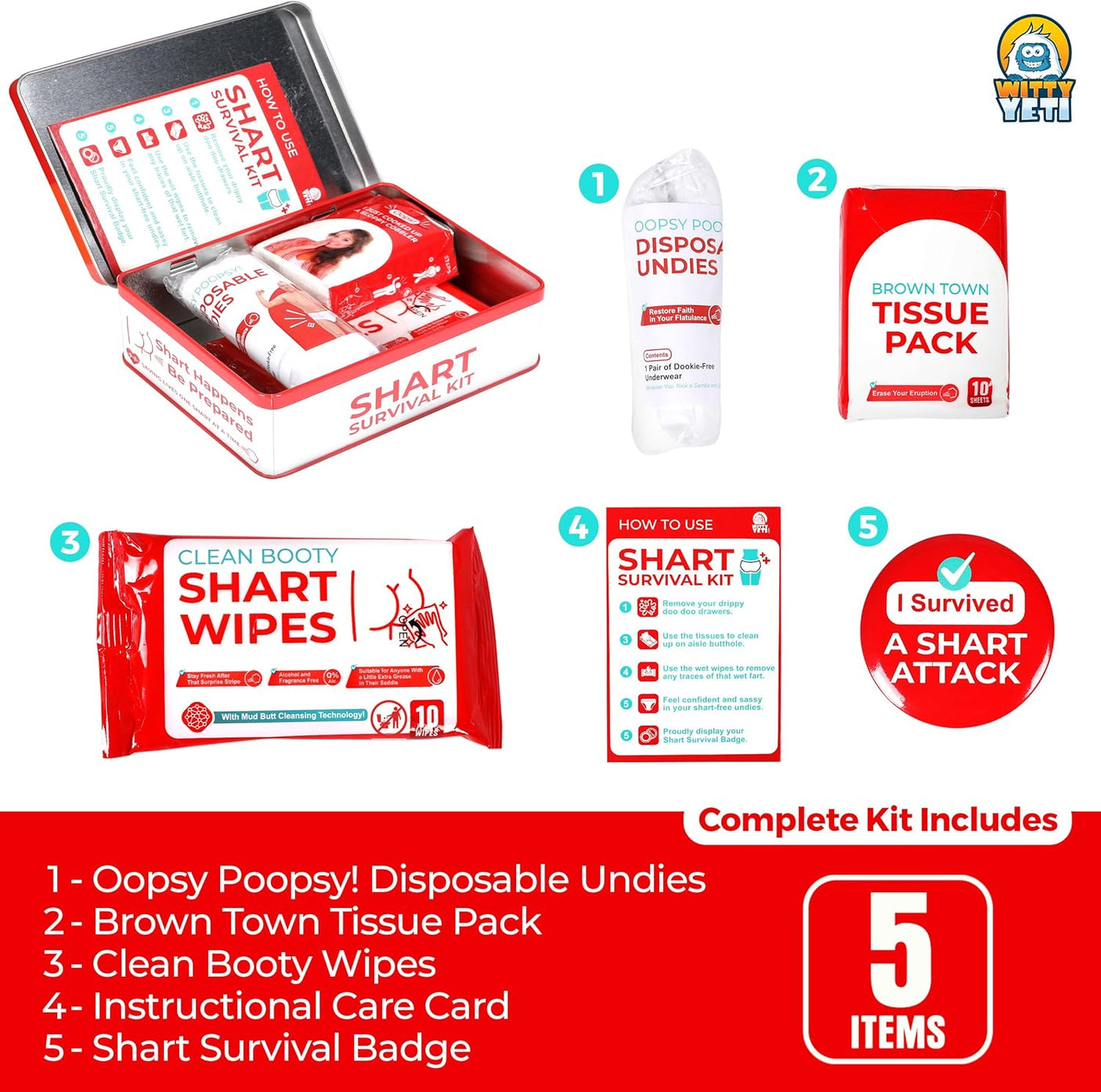 Funny Shart Survival Kit by Witty Yeti. Ultimate Poop Prank Gag Gift Set Contains Wet Wipes, Disposable Underwear, Tissues and Hilarious Badge. Novelty Fart Potty Pack Great for Friends or Family